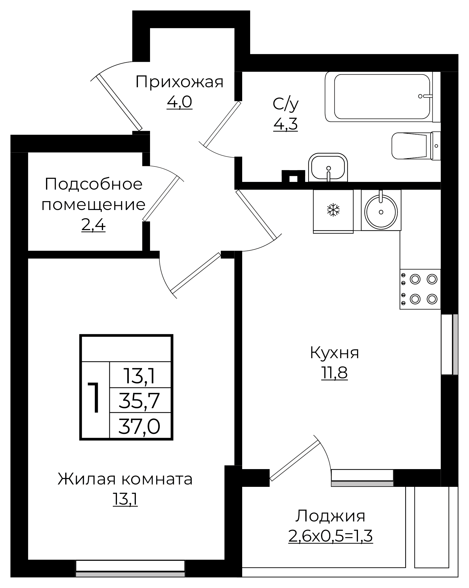 1-комнатная 37 м2